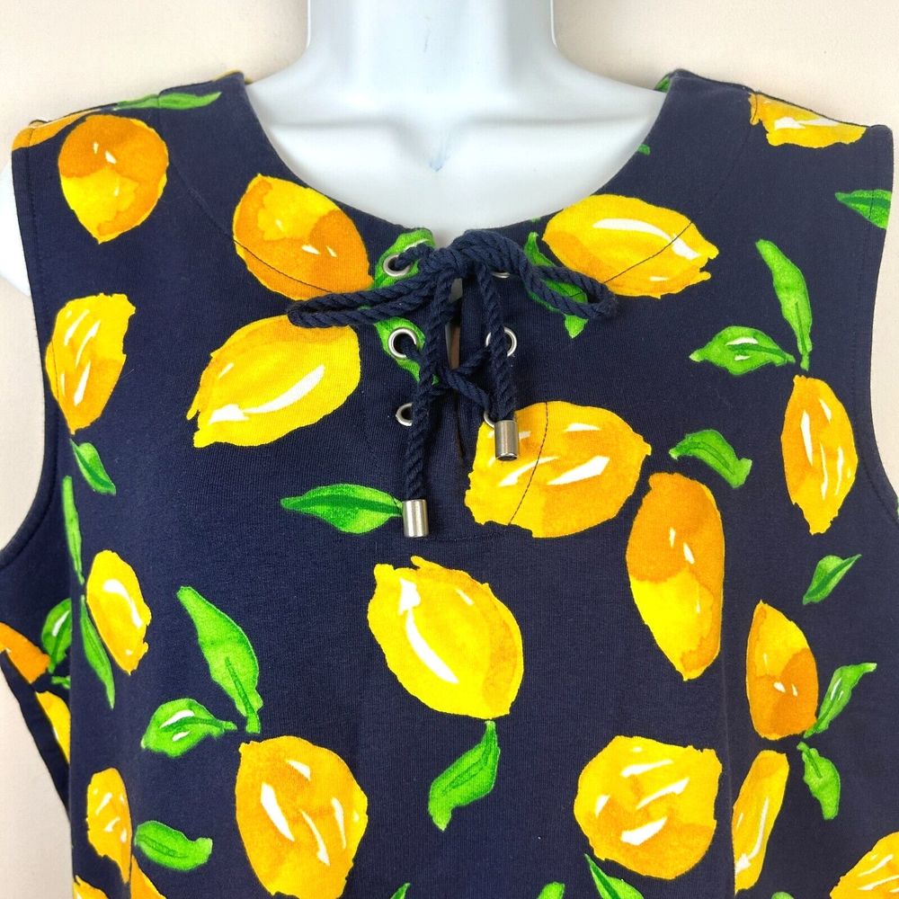 D & Company Navy Lemon Print Dress Beach Cover Up Lace Up Neckline Size L NEW